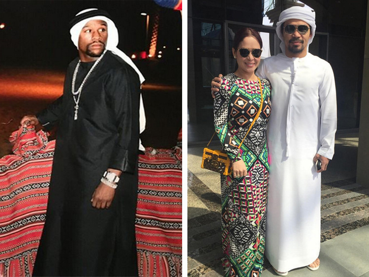 Floyd Mayweather takes on Manny Pacquiao in kandora style stakes during  Dubai trip