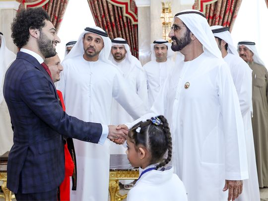 Shaikh Mohammad receives Egyptian footballer Mohammad Salah
