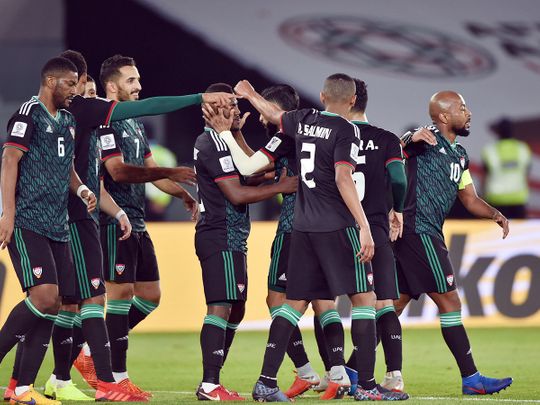 UAE players celebrating the victory against Kyrgiztan
