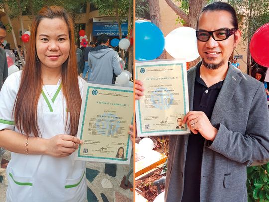 Lyka Rose Ricarder and Mac Antonio display their certificates.