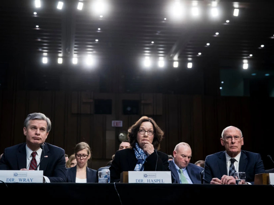 The FBI director, Christopher Wray, the CIA director, Gina Haspel, and the director of national intelligence, Dan Coats, testifying before the Senate on Tuesday.