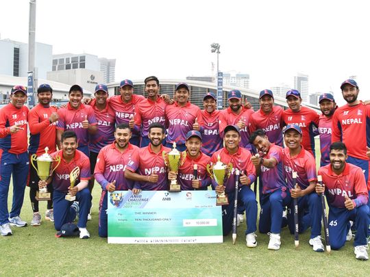 Nepal team celebrate their series win over UAE at the ICC Academy