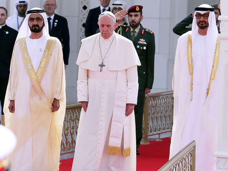 Pope Francis with Shaikh Mohammad Bin Rashid and Shaikh Mohammad Bin Zayed.
