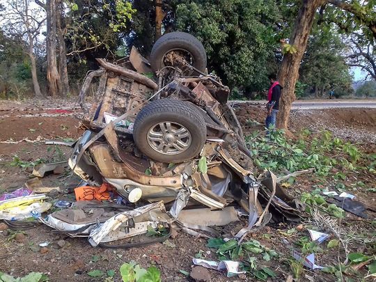 Mangled remains of a vehicle after a BJP convoy
