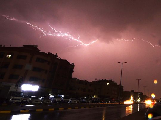 Lightning over the sky of Ajman's Al Zahra Area