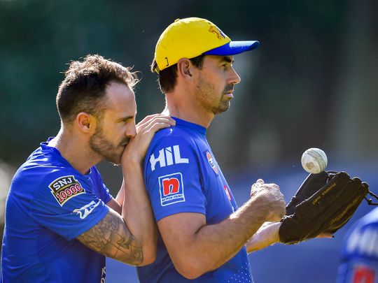 Faf du Plessis with coach Stephen Fleming 