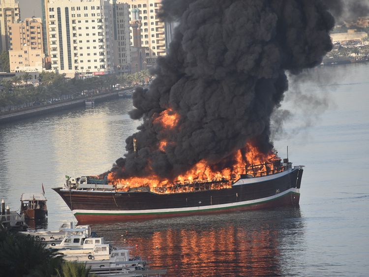 13 people rescued from burning cargo ship in Sharjah