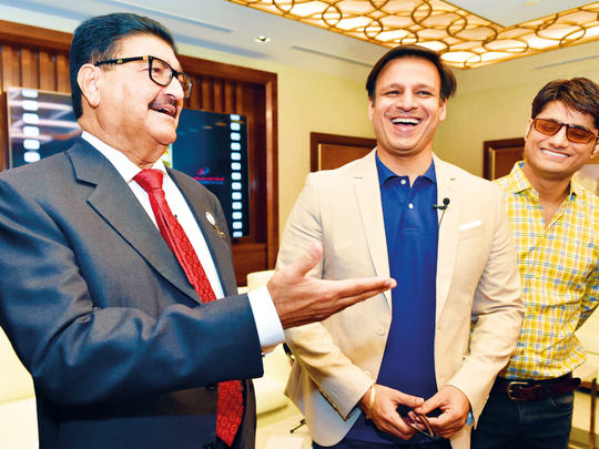 Vivek Oberoi with UAE businessman BR Shetty and 'PM Narendra Modi' producer Sandip Ssingh.  