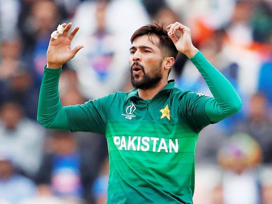 Pakistan's Mohammad Amir reacts during the matc