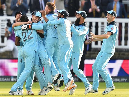 England players celebrate after they win the 2019 Cricket World Cup