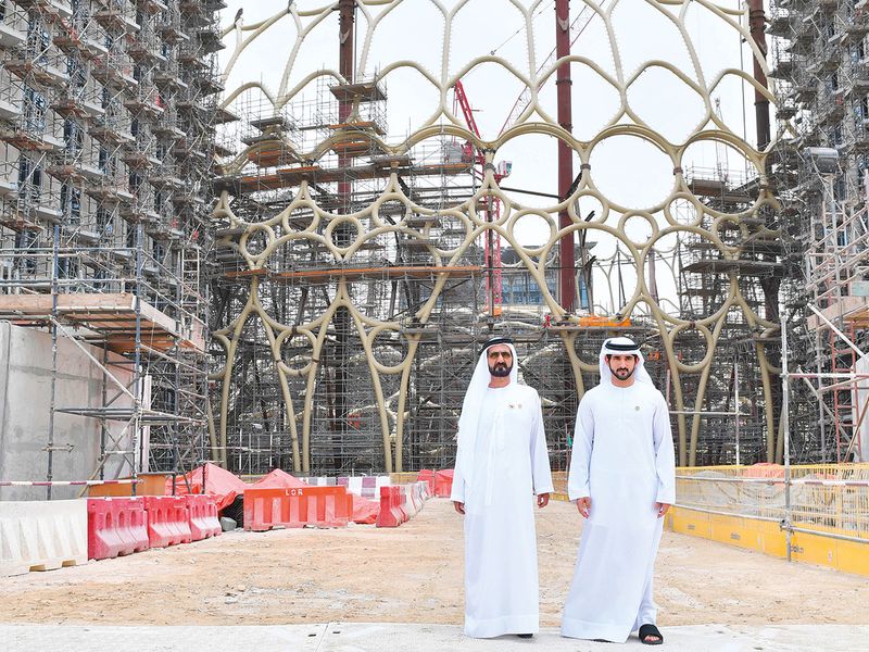 Sheikh Mohammed and Sheikh Hamdan at the site of the UAE pavilion