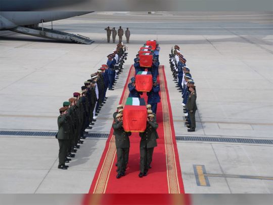 The bodies of six UAE martyrs arrived at Al Bateen Airport in Abu Dhabi aboard a UAE Air Force plane on Saturday.