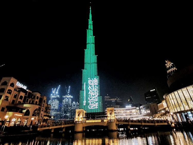 Saudi National Day In The Uae Fireworks Burj Khalifa Light And