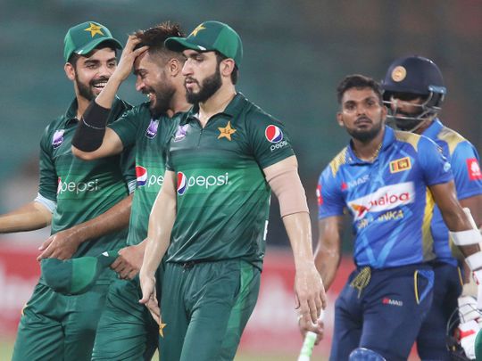 Pakistani players celebrate their victory against Sri Lanka