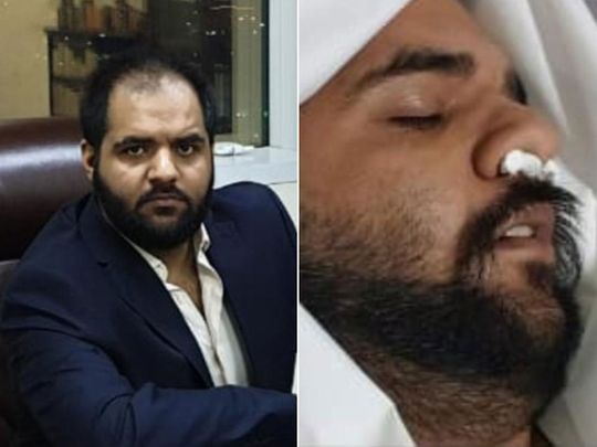 Hayyab Arif sitting in his Ajman office, left, and him faking his death. 