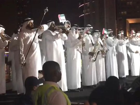 Members of the Dubai Police band India's National Anthem