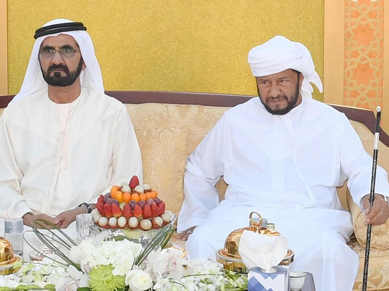 Shaikh Mohammad bin Rahis al Maktoum with Sheikh Sultan bin Zayed Al Nahyan during a reception in Dubai