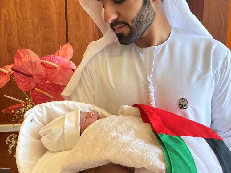 Baby Sheikha Ali Ahmed Al Mulla, with her father born at 1:40 am on UAE National Day at Danat Al Emarat Hospital