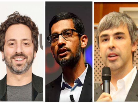 Sergey Brin, Sundar Pichai and Larry Page (left to right)
