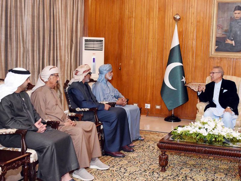 President Dr. Arif Alvi talking to the Minister of Tolerance of UAE Sheikh Nahyan Bin Mubarak Al Nahyan, who called on him at the Aiwan-e-Sadr, Islamabad on December 27, 2019.