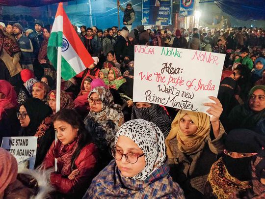 Protesters gather at Shaheen Bagh to oppose the amended Citizenship Act, in New Delhi, Tuesday, Dec. 31, 2019.