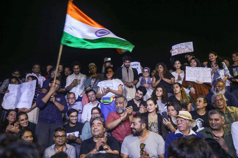 Bollywood celebrities Dia Mirza, Taapsee Pannu, Richa Chaddha, Ali Fazal, Anurag Kashyap, Vishal Bharadwaj, Anubhav Sinha take part in a peaceful protest to express their solidarity with the students of the Jawaharlal Nehru University (JNU), in Mumbai, Monday night. 