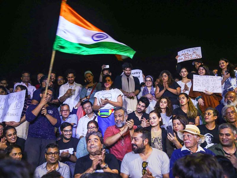 Bollywood celebrities Dia Mirza, Taapsee Pannu, Richa Chaddha, Ali Fazal, Anurag Kashyap, Vishal Bharadwaj, Anubhav Sinha take part in a peaceful protest to express their solidarity with the students of the Jawaharlal Nehru University 