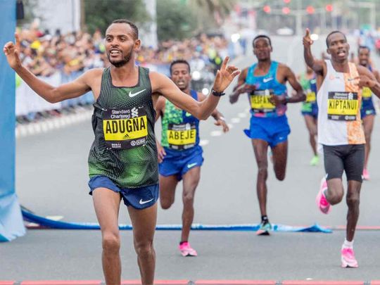 Olika Adugna Bilika from Ethiopia wins men's race.