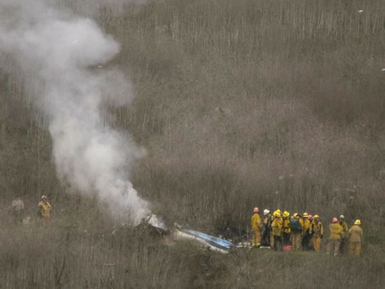LA county firefighters on the scene of a helicopter crash that reportedly killed Kobe Bryant in Calabasas on Sunday. 