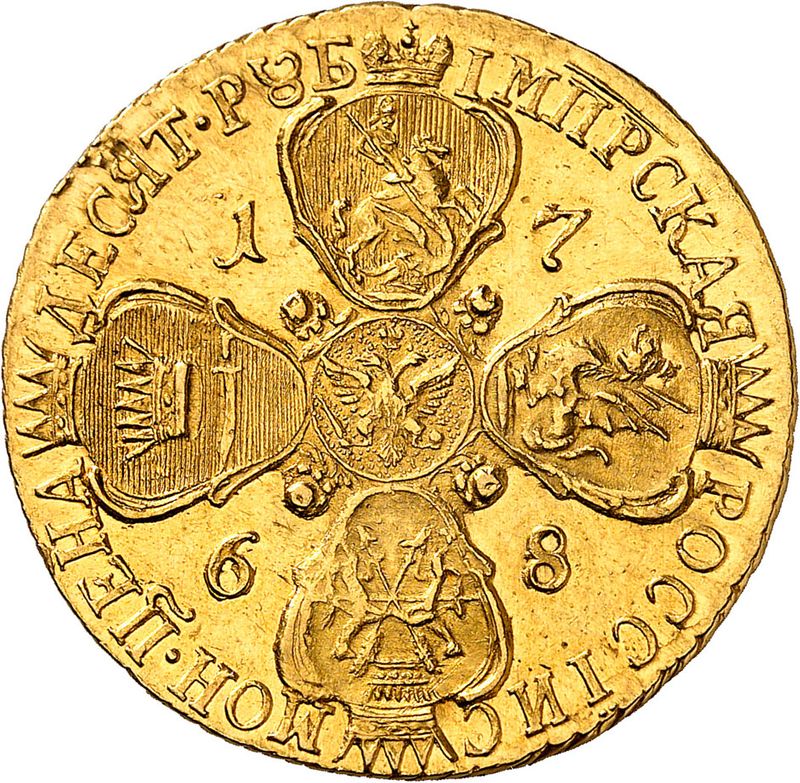 Russian Empire, Catherine II (r. 1762-1796 CE), AV 10 roubles, St. Petersburg, 1766. 13.03 g., 29.5 mm 