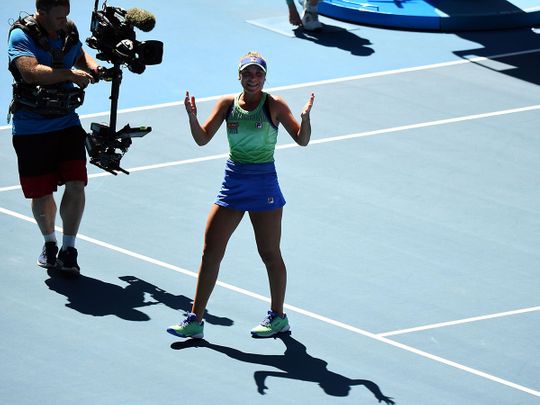 Sofia Kenin celebrates after victory against Australia's Ashleigh Barty in the Australian Open semi-finals.