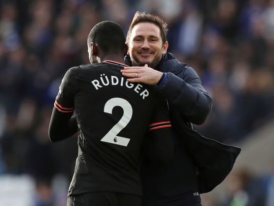 Chelsea's Antonio Rudiger with manager Frank Lampard after the match 