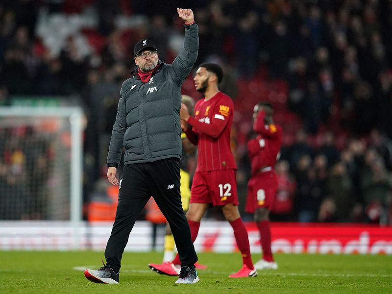 Liverpool's manager Jurgen Klopp greets supporters after the 4-0 win over Southampton