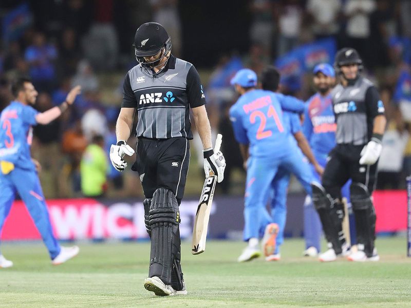 New Zealand’s Scott Kuggeleijn is dismissed during the fifth Twenty20 against India at the Bay Oval in Mount Maunganui 