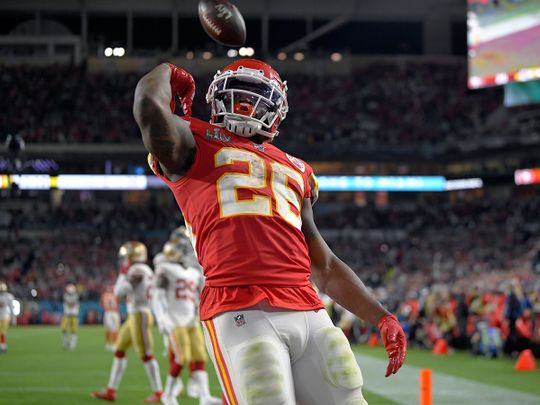 Kansas City Chiefs' Damien Williams celebrates his touchdown against the San Francisco 49ers during the second half of the NFL Super Bowl 54