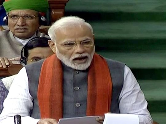  Prime Minister Narendra Modi speaks in Lok Sabha, in New Delhi on Wednesday.