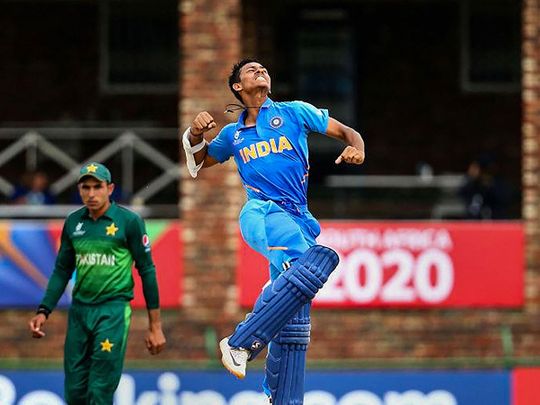 Centurion Yashasvi Jaiswal of India celebrates the ICC U19 Cricket World Cup semi-final match win over Pakistan 