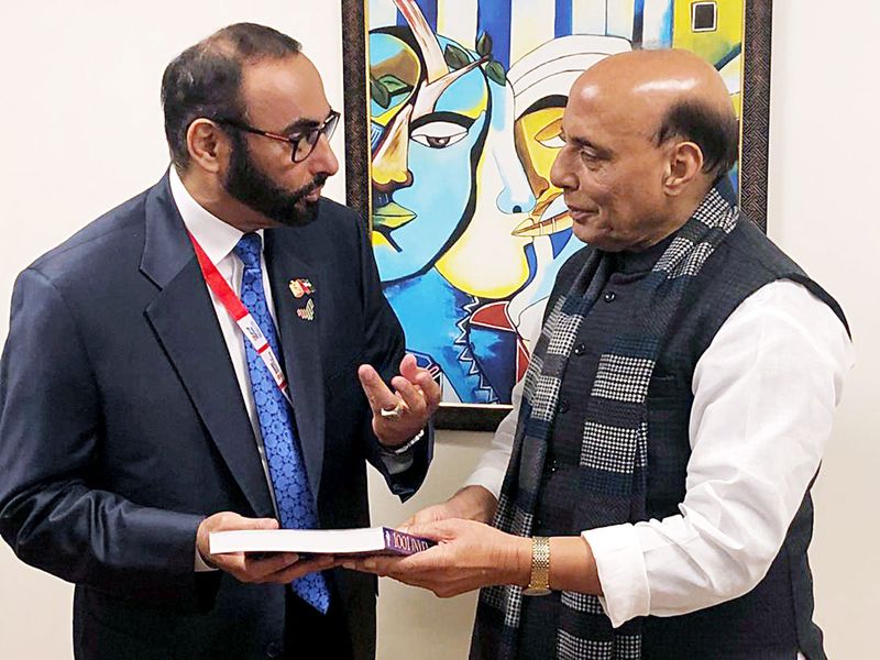 India's Defence Minister Rajnath Singh (right) meets UAE’s Minister of State for Defence Affairs Mohammad Ahmad Al Bawardi on the sidelines of Defence Expo 2020 in Lucknow. 