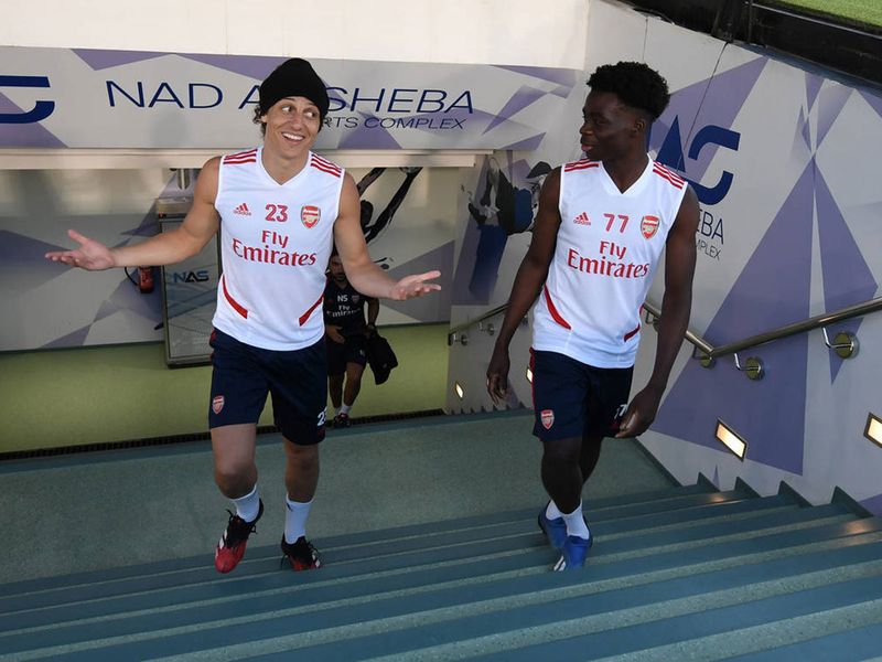  David Luiz was all smiles ahead of the training session as he chatted with teammate Bukayo Saka