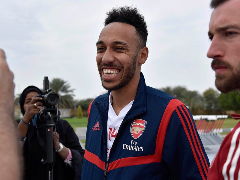 Pierre-Emerick Aubameyang chats to the media