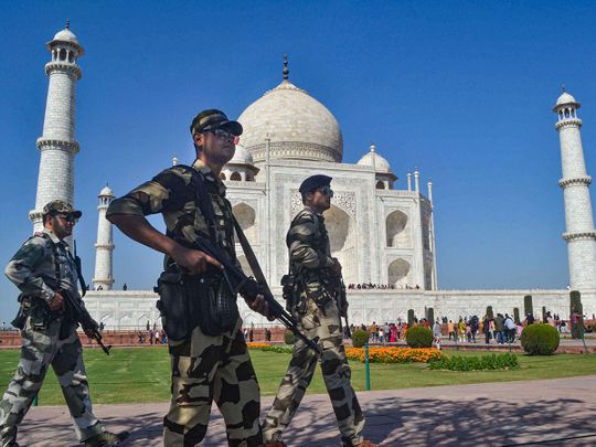 Security personnel patrol the premises of Taj Mahal 