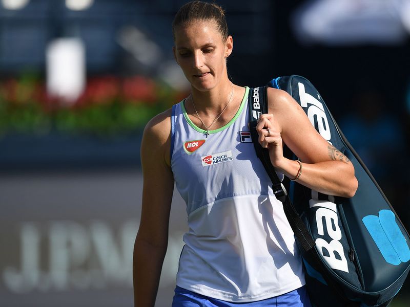 Czech Republic's Karolina Pliskova leaves after losing to Kazakhstan's Elena Rybakina during the WTA Dubai Duty Free Tennis Championship