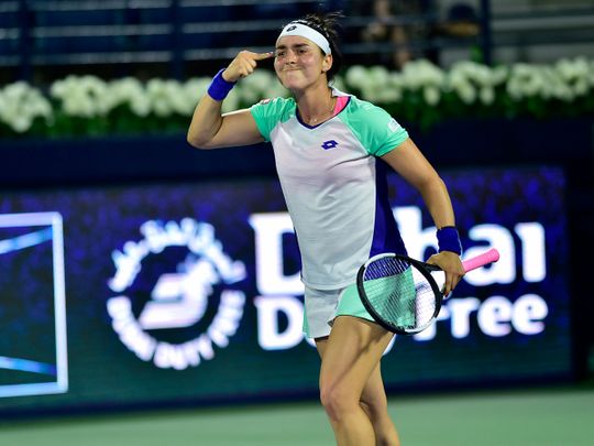 Ons Jabeur reacts during the game against Simona Halep at the Dubai Duty Free Tennis Championships