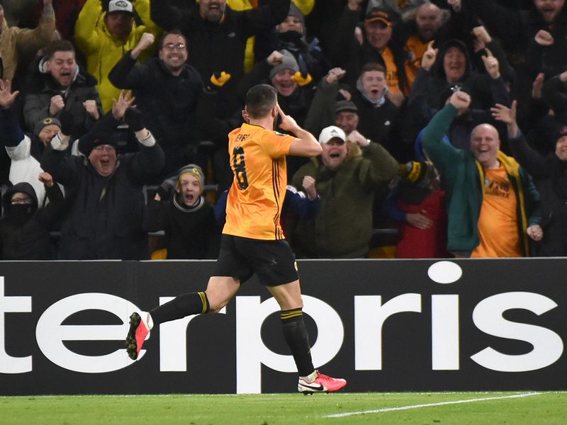 Wolverhampton Wanderers' Ruben Neves celebrates after scoring his side's second goal during the Europa League round of 32 match between Wolverhampton Wanderers and Espanyol 