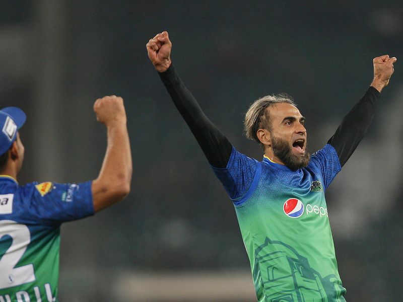 Imran Tahir of Multan Sultans celebrates after claiming the wicket of Lahore Qalandars' Mohammad Hafeez in the Pakistan Super League match in Lahore, Pakistan, Friday, Feb. 21, 2020. (AP Photo/K.M. Chaudhry)