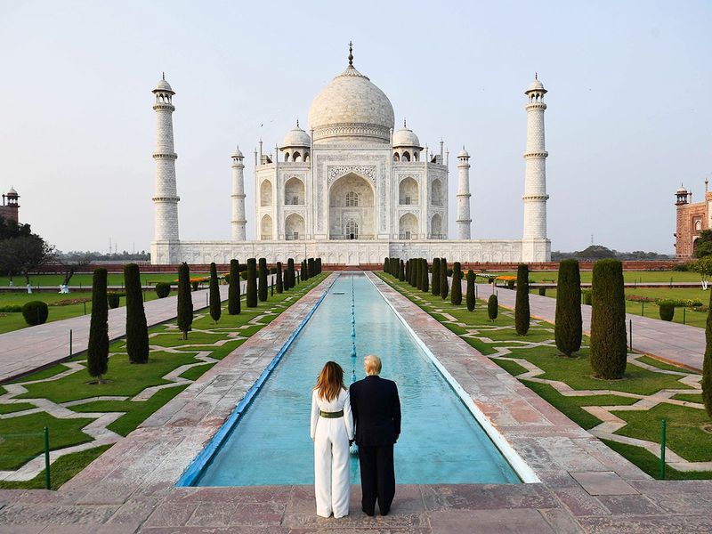 Donald Trump and First Lady Melania Trump visit the Taj Mahal in Agra. 