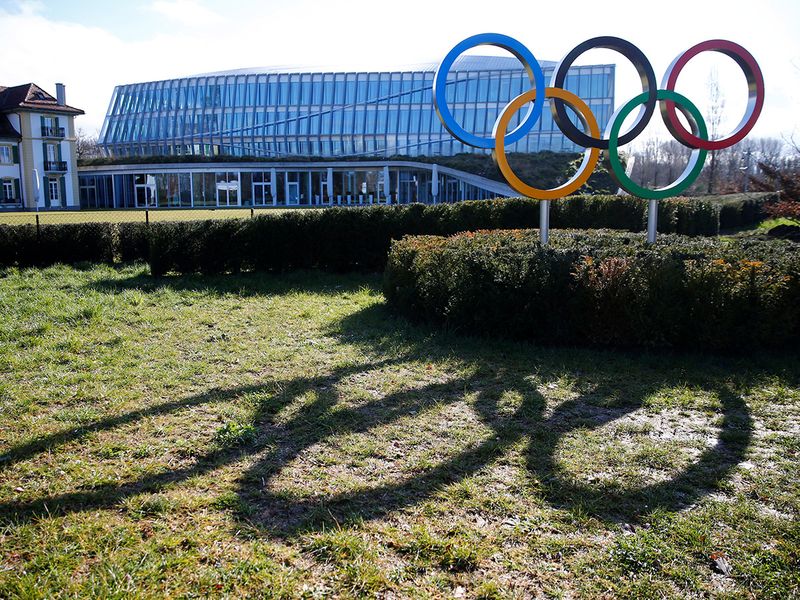 The rings are pictured in front of the International Olympic Committee (IOC) during Executive Board meeting in Lausanne, Switzerland, March 3, 2020.  REUTERS/Denis Balibouse
