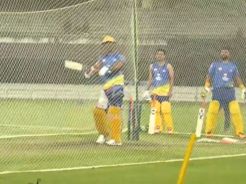Chennai's MS Dhoni watches his shot sail for a six during a nets session