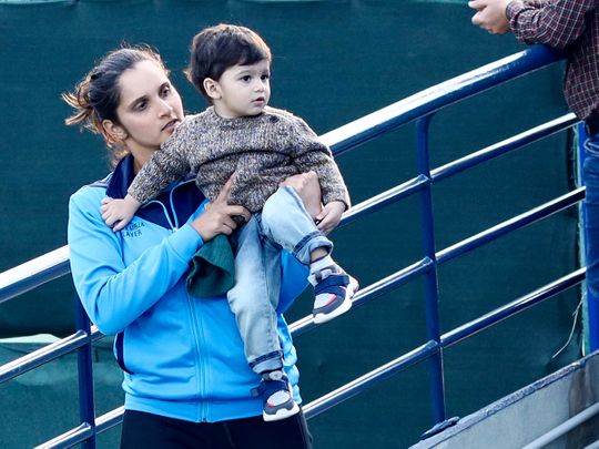 Sania Malik finds time to spend with her son Izhaan Mirza Malik at the Dubai Tennis Stadium 
