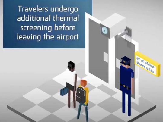 Screen grab from a video released by Dubai Media Office on Dubai Airport coronavirus procedures 